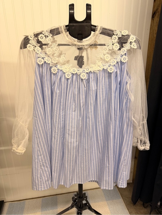 POL Tops - POL Lace Yoke Sheer Sleeve Blue White Striped Blouse